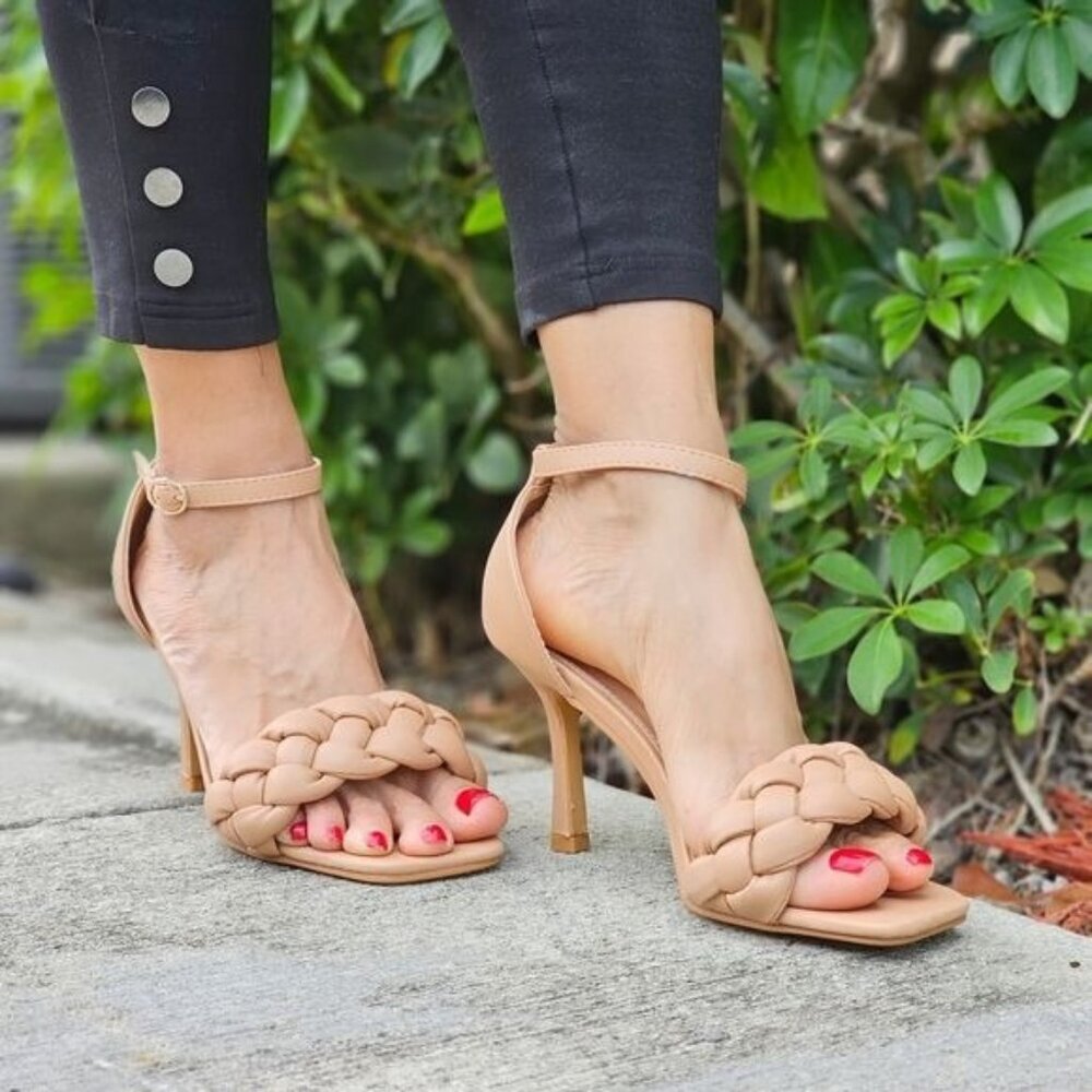 Chic Women’s Nude Braided Ankle Strap Sandals with Lateral Buckle Closure - Picture 2 of 5